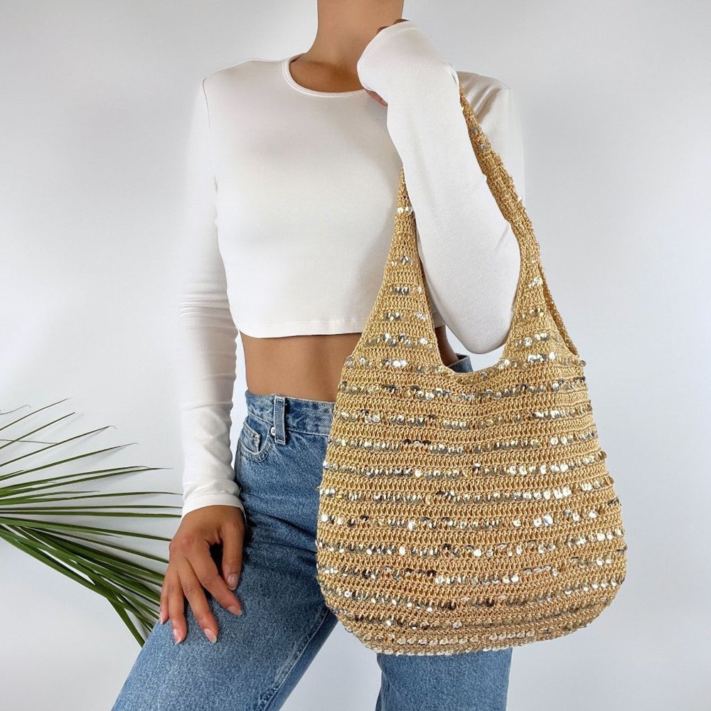 Vintage Y2K Tan Boho Sequin Shoulder Bag Knit Cottagecore Gold Purse - Picture 1 of 7
